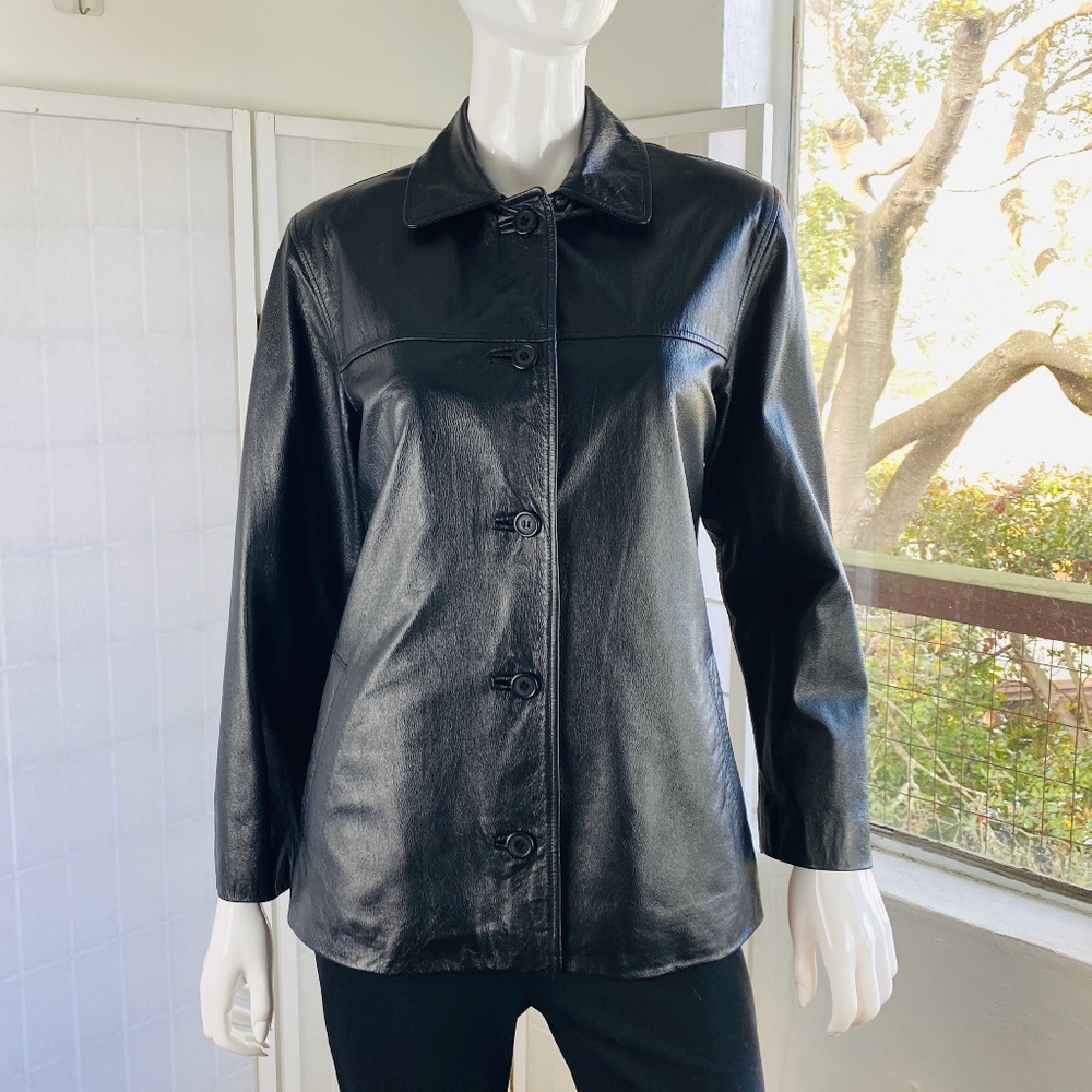 Vintage ROOT, women's custom tailor black leather jacket w/zip out liner, M.
